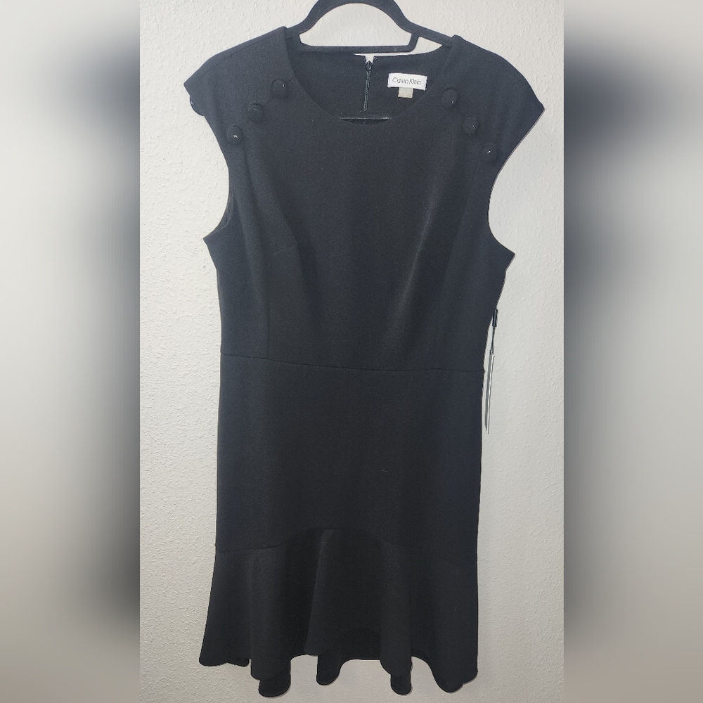 Calvin Klein Scuba Crepe Dress with Flutter Hem and Button Details